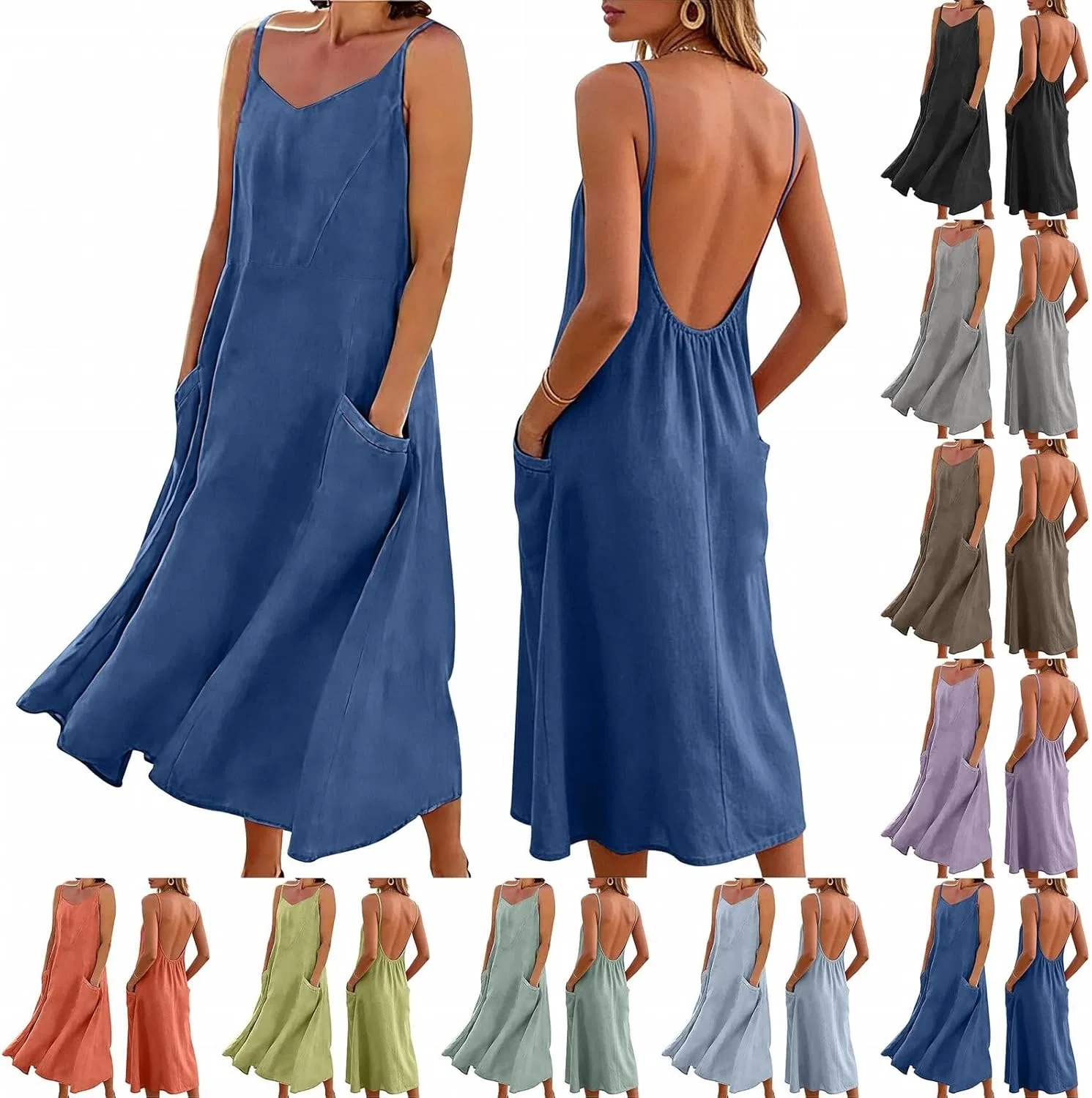 Женское макси-платье без рукавов с V-образным вырезом Cotton Linen, Blue