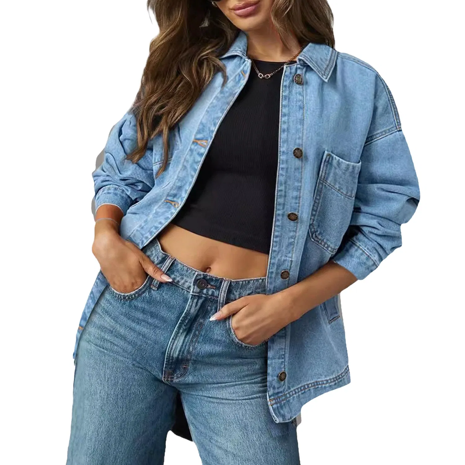 Женское джинсовое пальто oversize с длинным рукавом, Cielo blu — фото 2