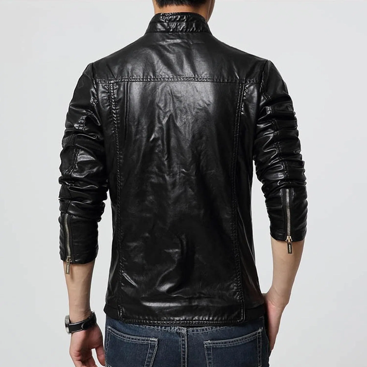 Мужская куртка-косуха из экокожи, с воротником-стойкой, Slim Fit, чёрный — фото 4