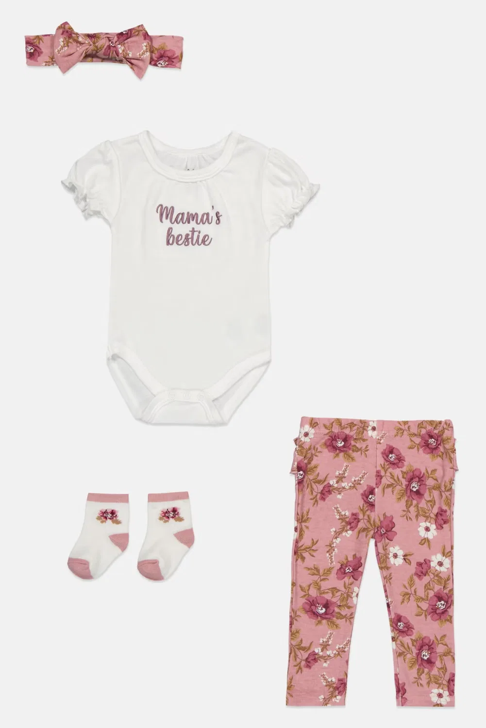 Комплект боди-комбинезон и штаны с вышивкой, повязка и носки Baby Essentials, разноцветный — фото 3