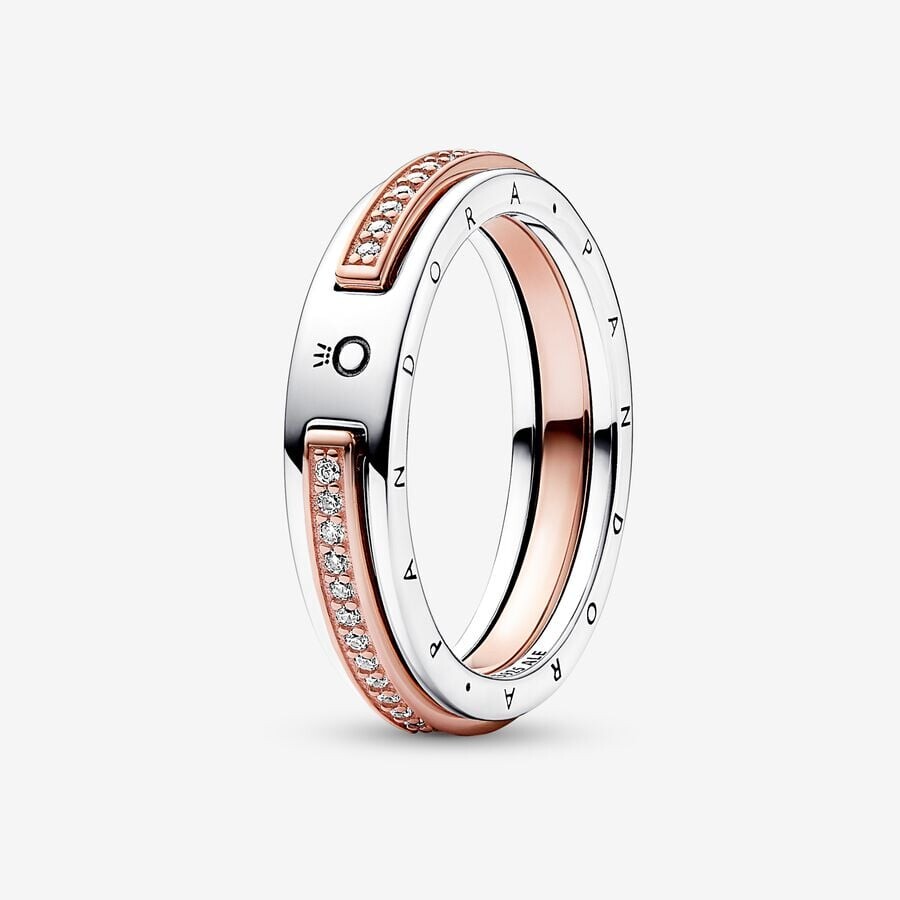 

Кольцо Pandora Signature Two-tone Logo & Pave, серебро/розовое золото