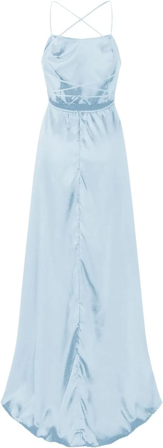 Женское вечернее платье на бретелях Satin Prom, Light Blue — фото 4