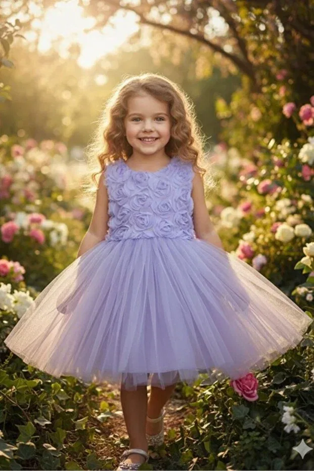 Детское платье для девочек с принтом 3D Rose Embossed Tulle Abiyekids, Lilac