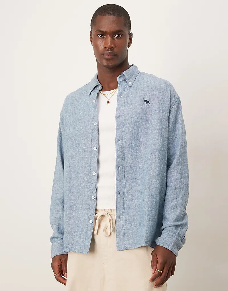 

Льняная рубашка с длинными рукавами и логотипом Abercrombie & Fitch синего цвета