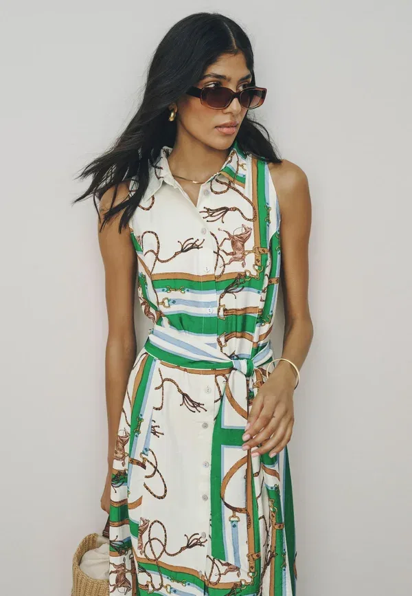 Платье принт Regular fit halter shirt midi belted dress Next, green white rope print, белый