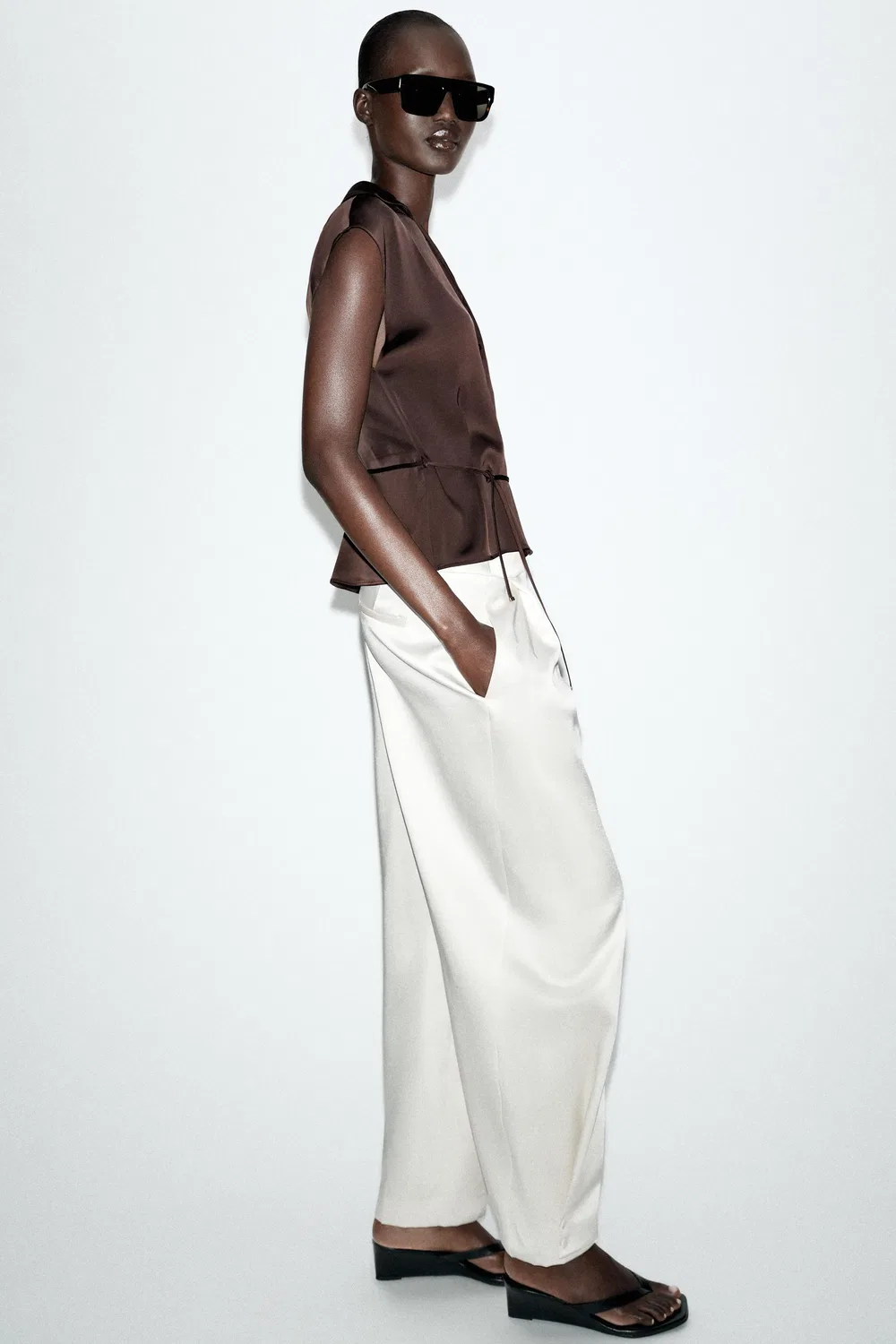 Атласная рубашка с короткими рукавами и поясом ZARA, Brown — фото 3