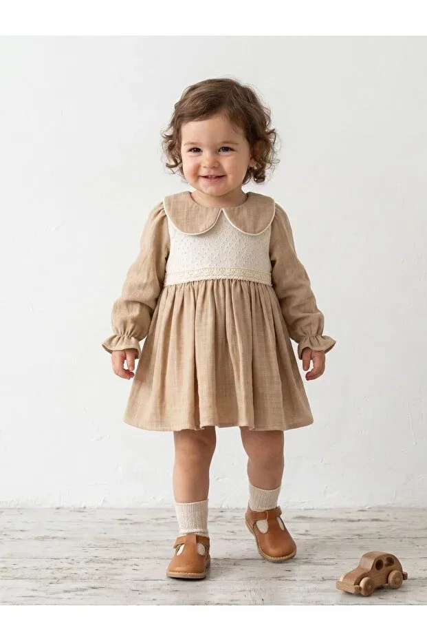Детское платье для девочек хлопковое Checkered Muslin Girls' Dress Cherrys Bebek, Cappucino