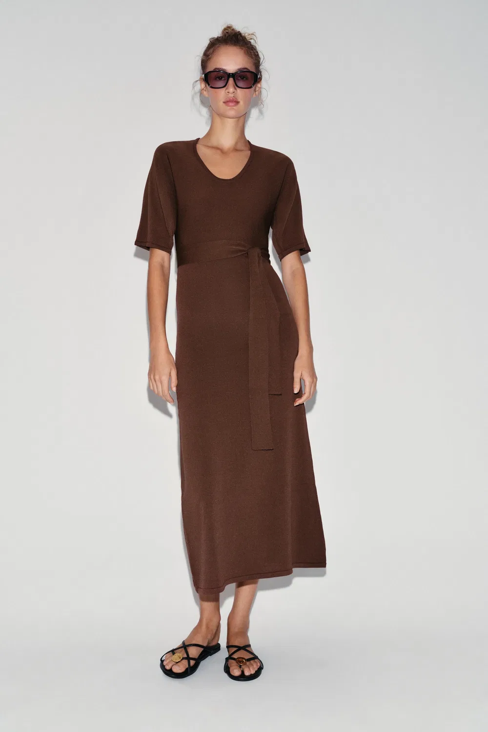 Вязаное платье миди с поясом ZARA, Brown