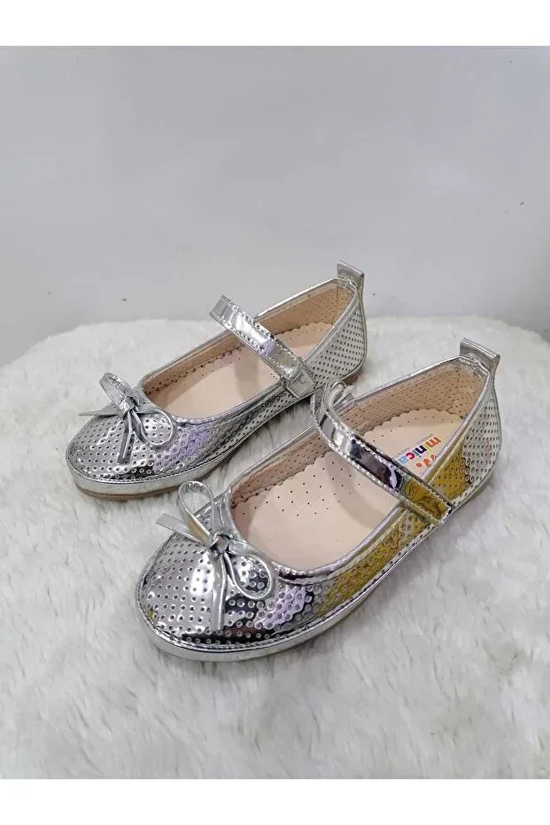 Детские балетки для девочек с блестящими отверстиями Özgür Kids, Silver