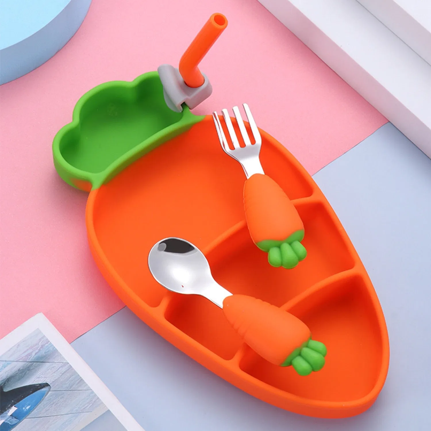 Детский обеденный набор с тарелкой-морковкой, ложкой, пиалой и приборами, 24x12x3 см, Mengbanghh, Orange — фото 2