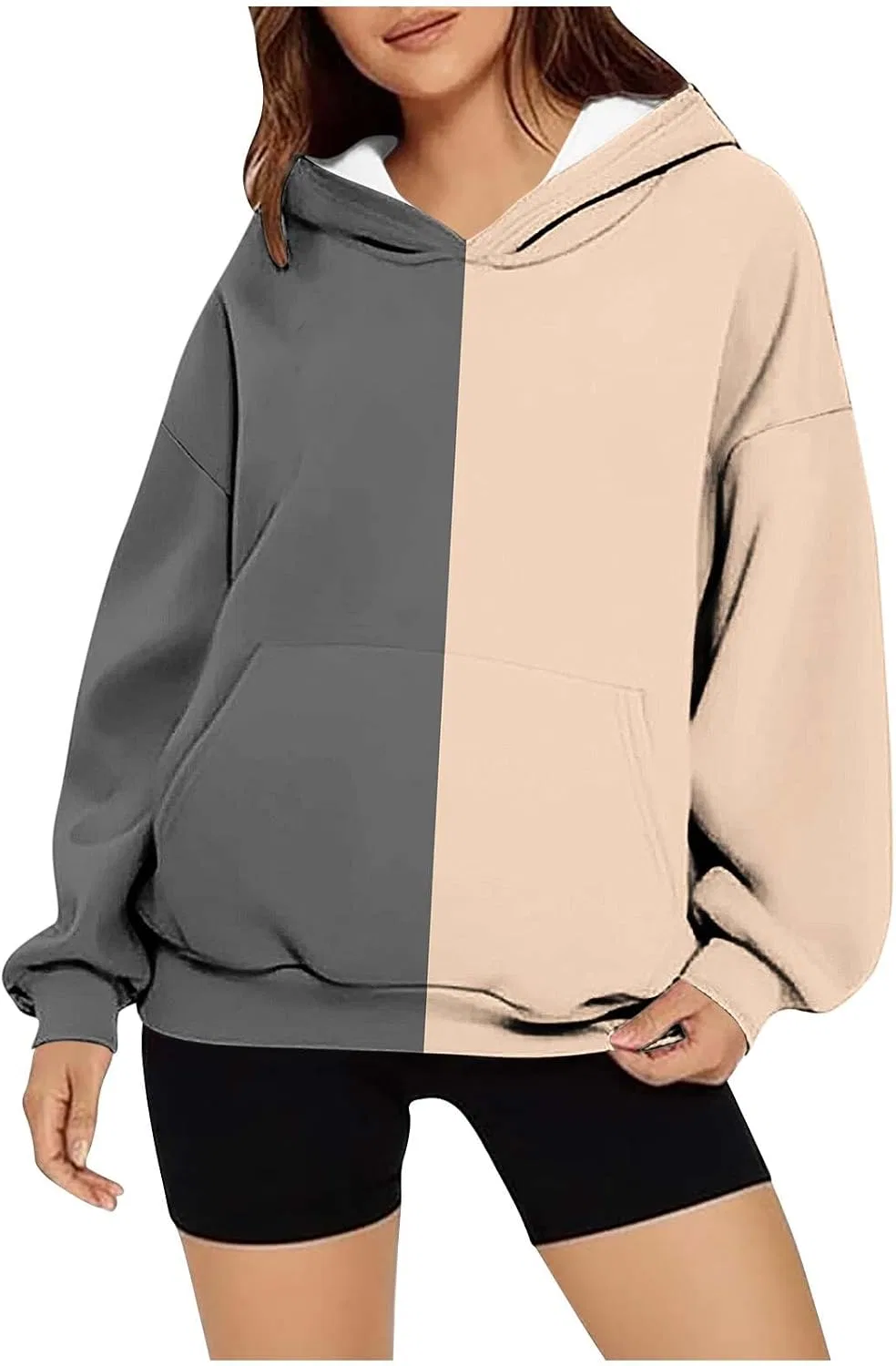 Женское худи оверсайз с капюшоном и карманом, Two Tone, серый