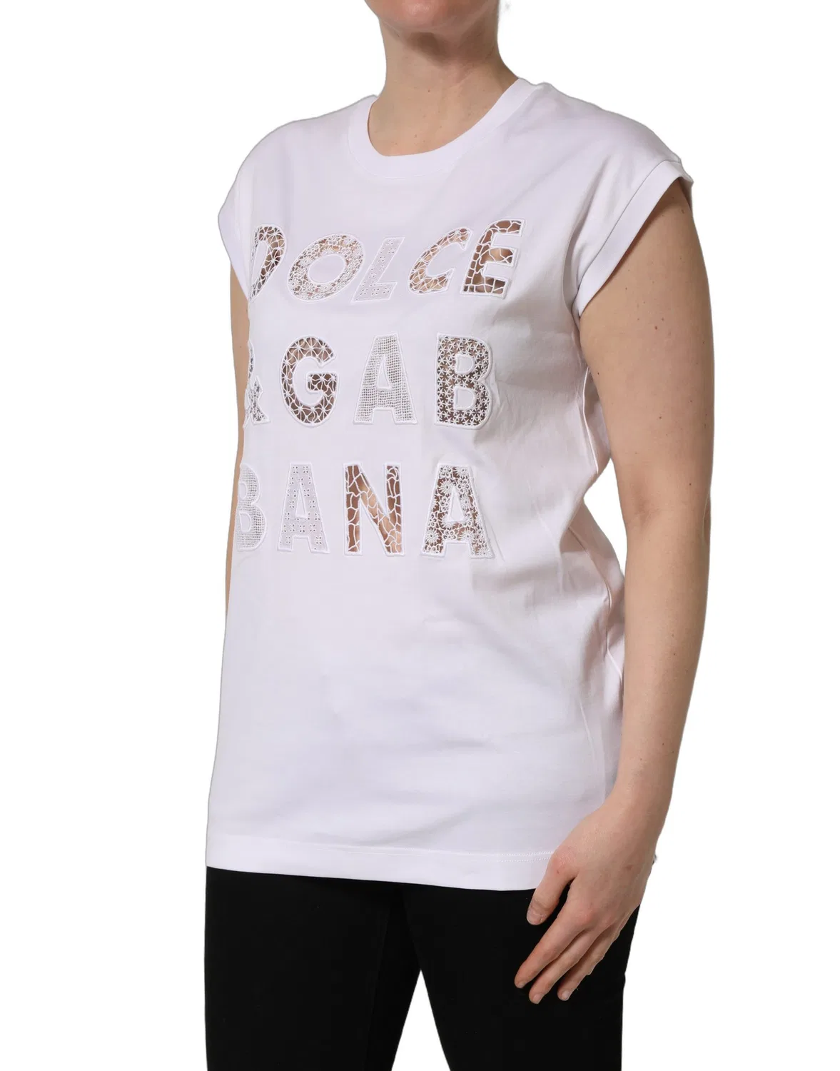 Женская футболка без рукавов с вырезом-лодочка и ажурной вставкой White Logo Round Neck Dolce & Gabbana, White — фото 4