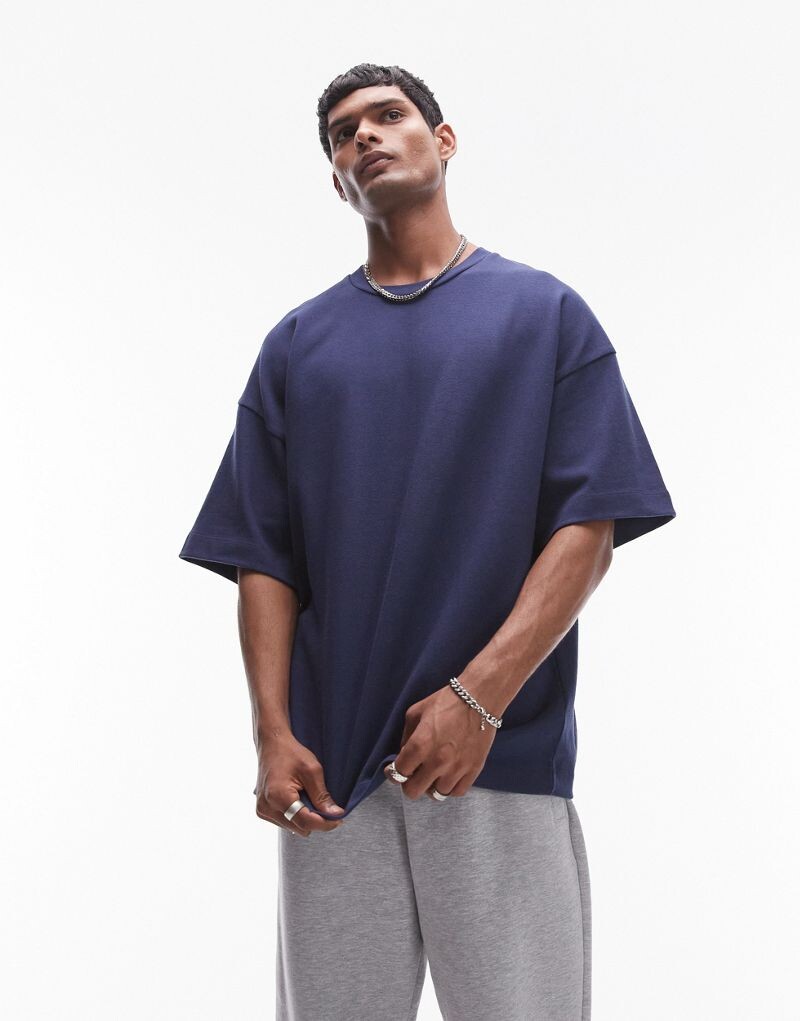 

Topman – темно-синие толстые футболки оверсайз с рукавами до локтя