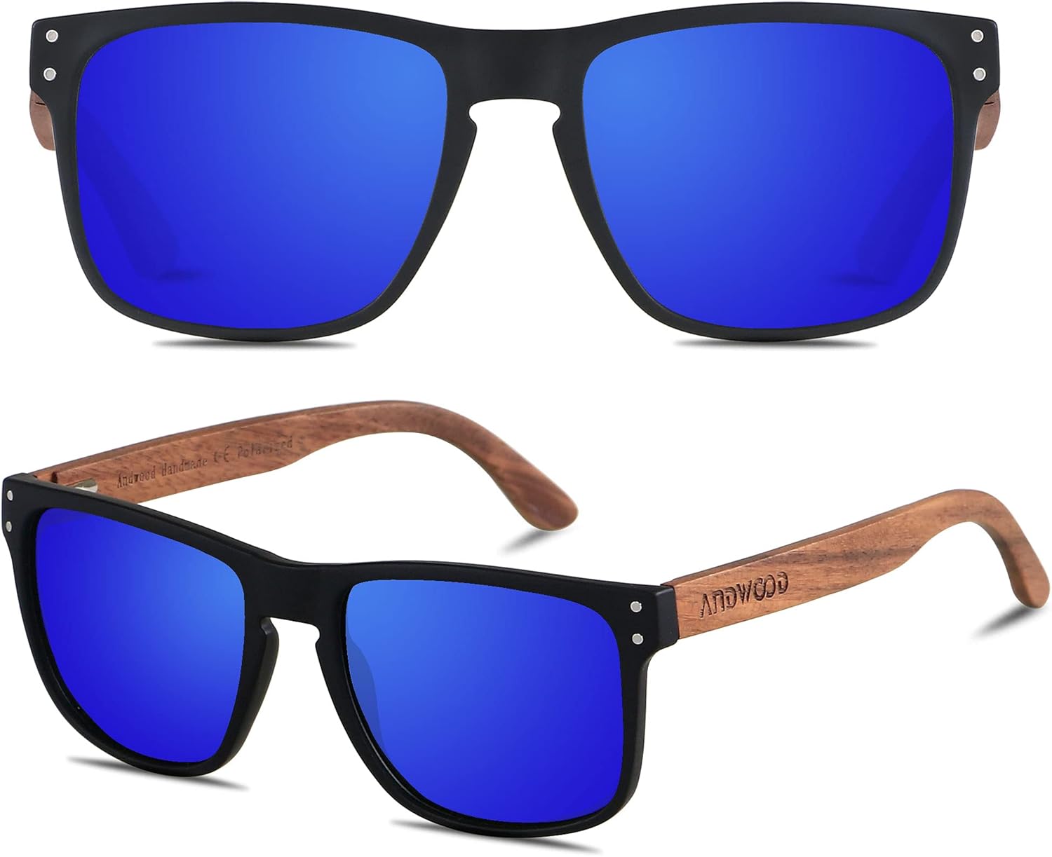 

Солнцезащитные очки ANDWOOD для мужчин, поляризованные, с защитой от УФ-излучения, в деревянной оправе, пляжные солнцезащитные очки для женщин, квадратные, деревянные, Matte Black & Walnut Wood | Polarized Blue Mirrored Lens