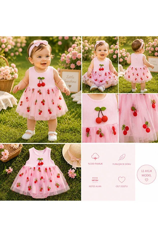 Детское платье для девочек хлопковое Cherry Detailed Tulle Snap Masal Bebe Kids, Pink — фото 3