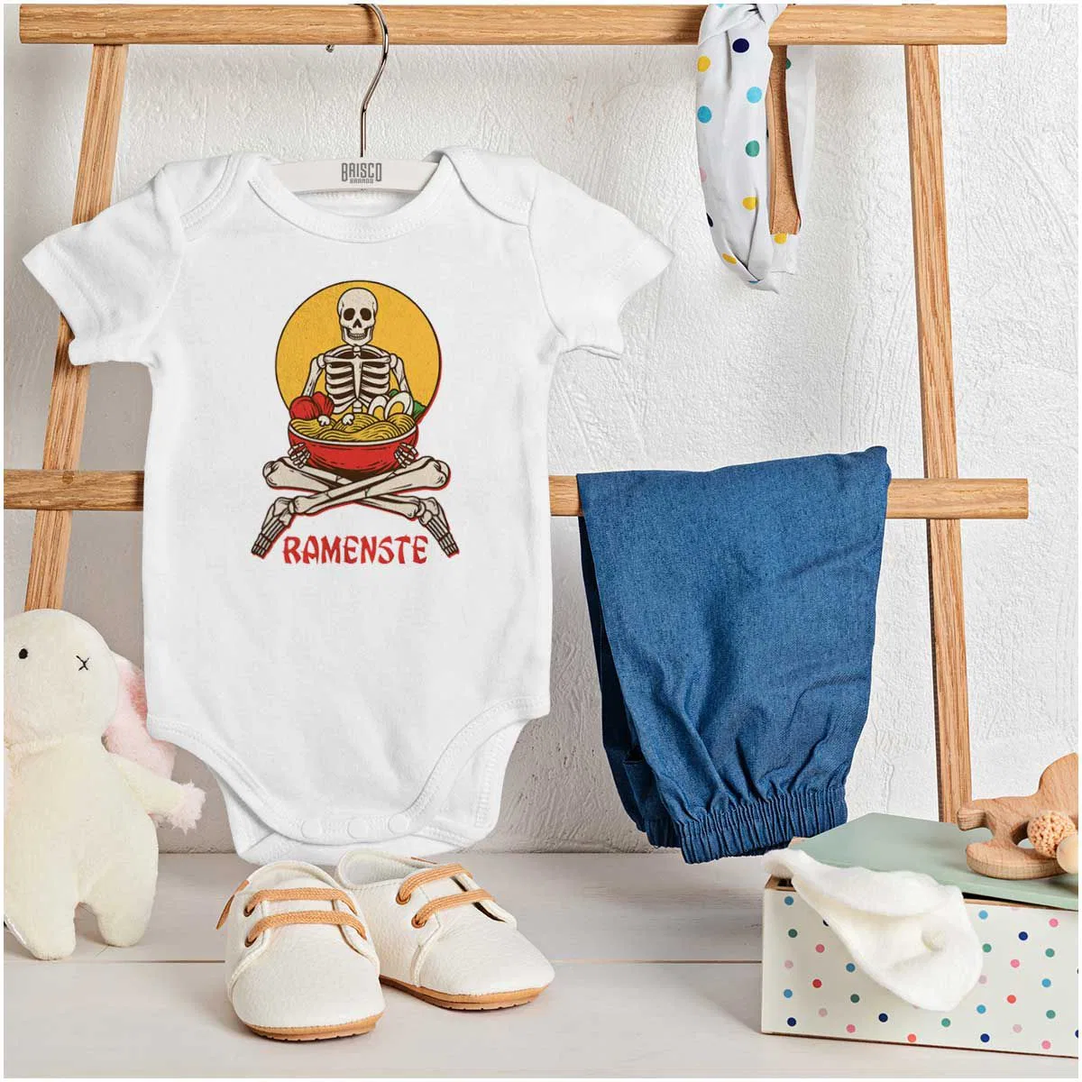 Детское боди-комбинезон с коротким рукавом Zen Skeleton Yoga Ramen Namaste Brisco Brands, White — фото 3
