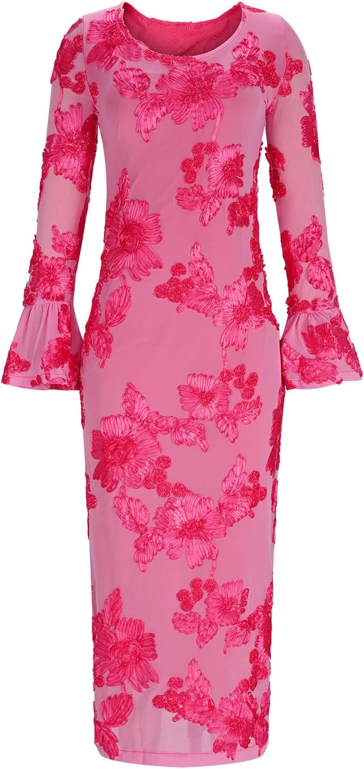 Женское облегающее платье с вышивкой сеткой, Hot Pink — фото 4