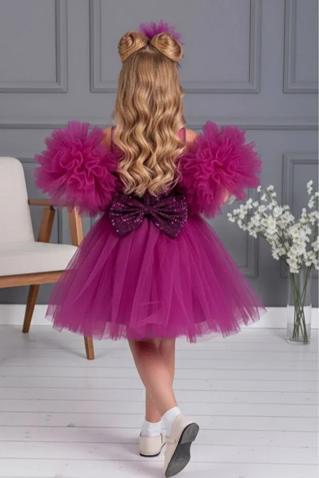 Детское платье для девочек без рукавов Fuchsia color children's evening dress with sleeve detail and pompom buckle aby458 Abiyekids, Dry Cleaning Only — фото 3