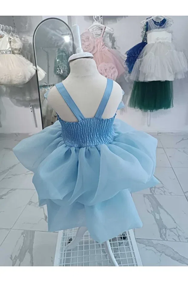 Детское вечернее платье для девочек с принтом Strappy Bow Detailed Layered Bonita, Baby Blue — фото 4