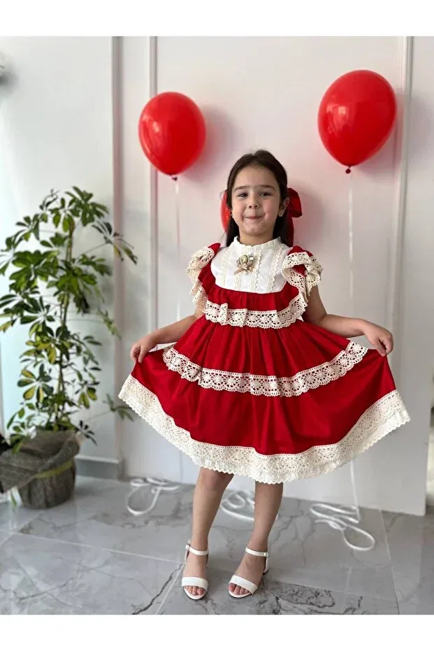 Детское платье для девочек хлопковое Party Sare Çocuk Giyim, Red — фото 4