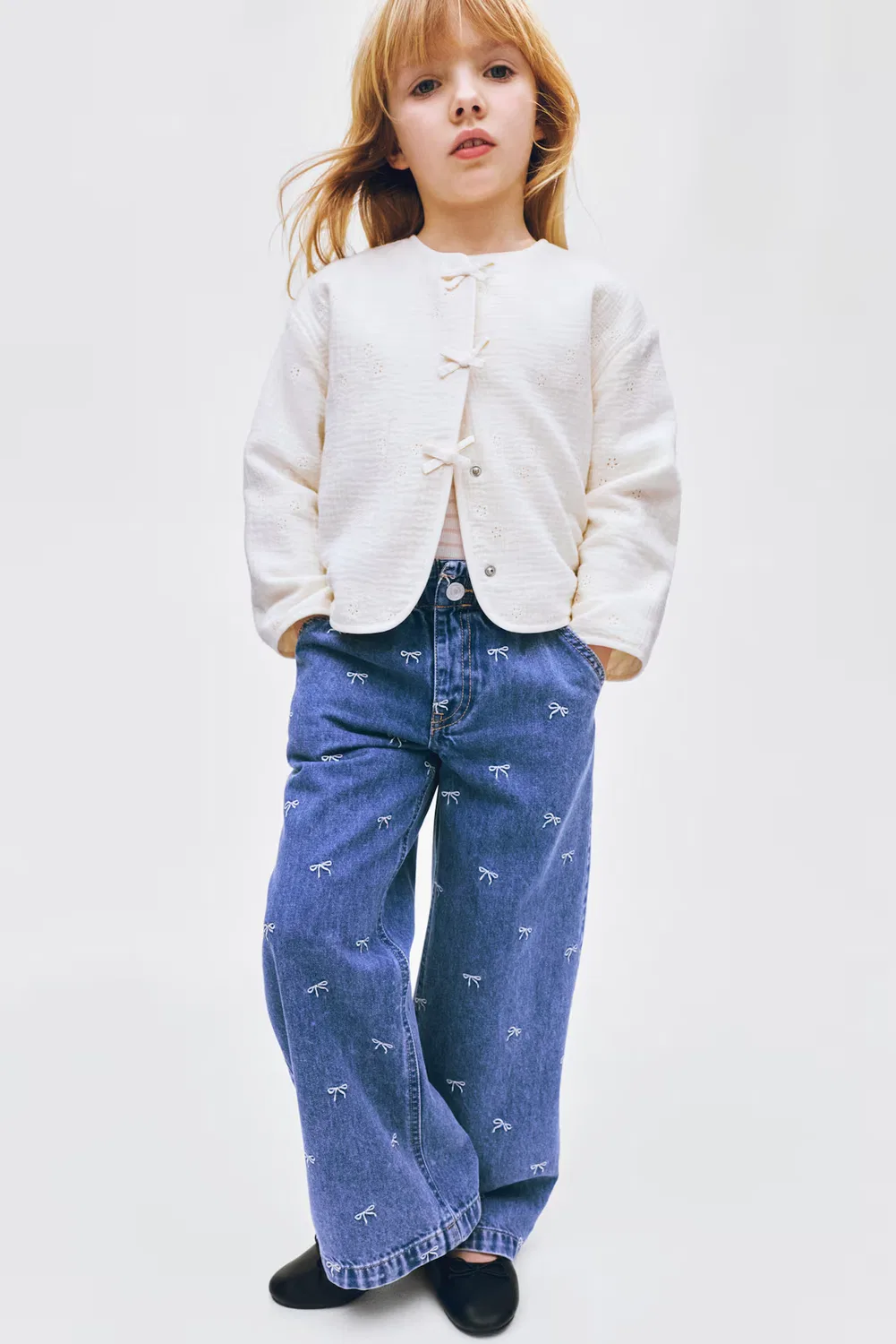 Джинсы с широкими штанинами и поясом-кулиской H&M, Denimblau/Schleifen