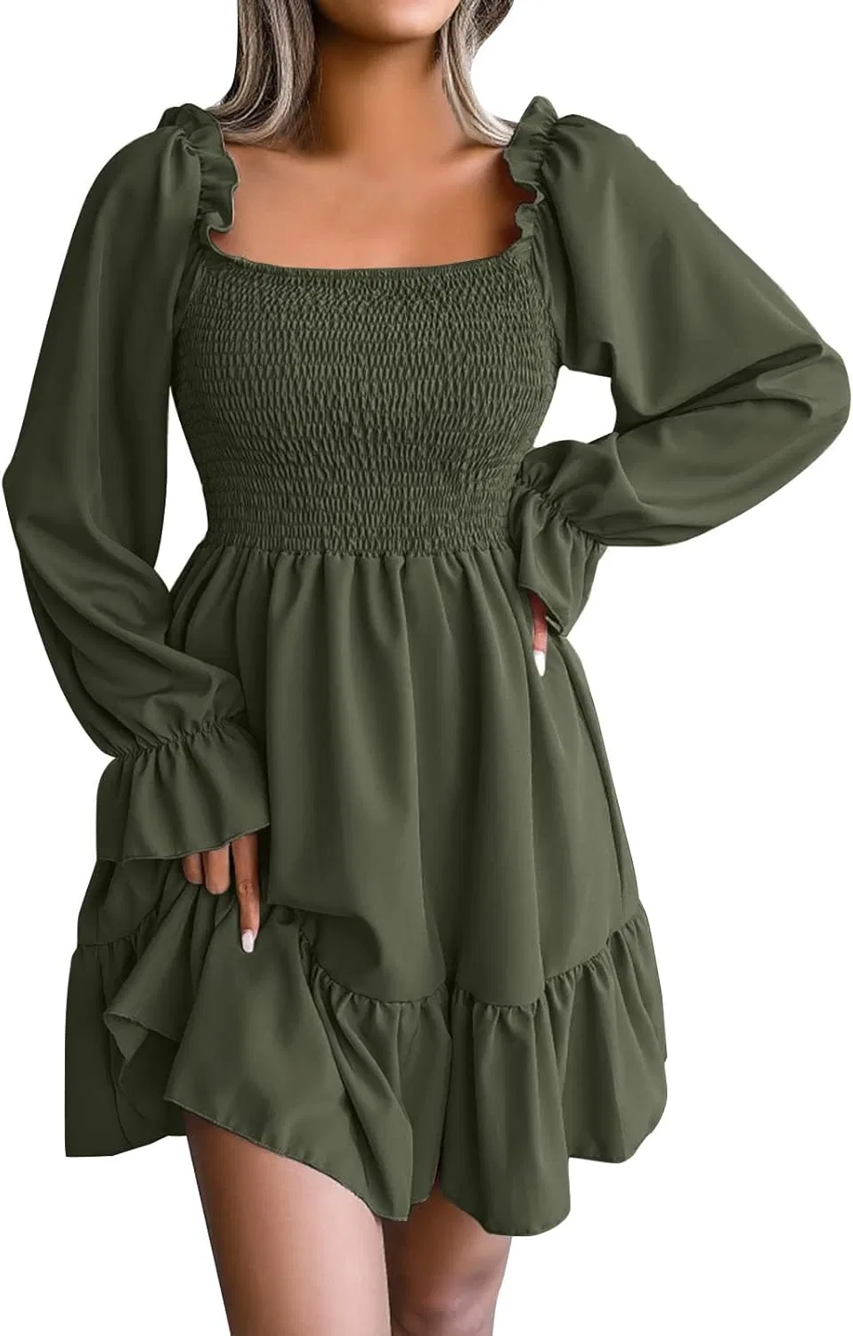 Женское платье с квадратным вырезом и воланами, Army Green