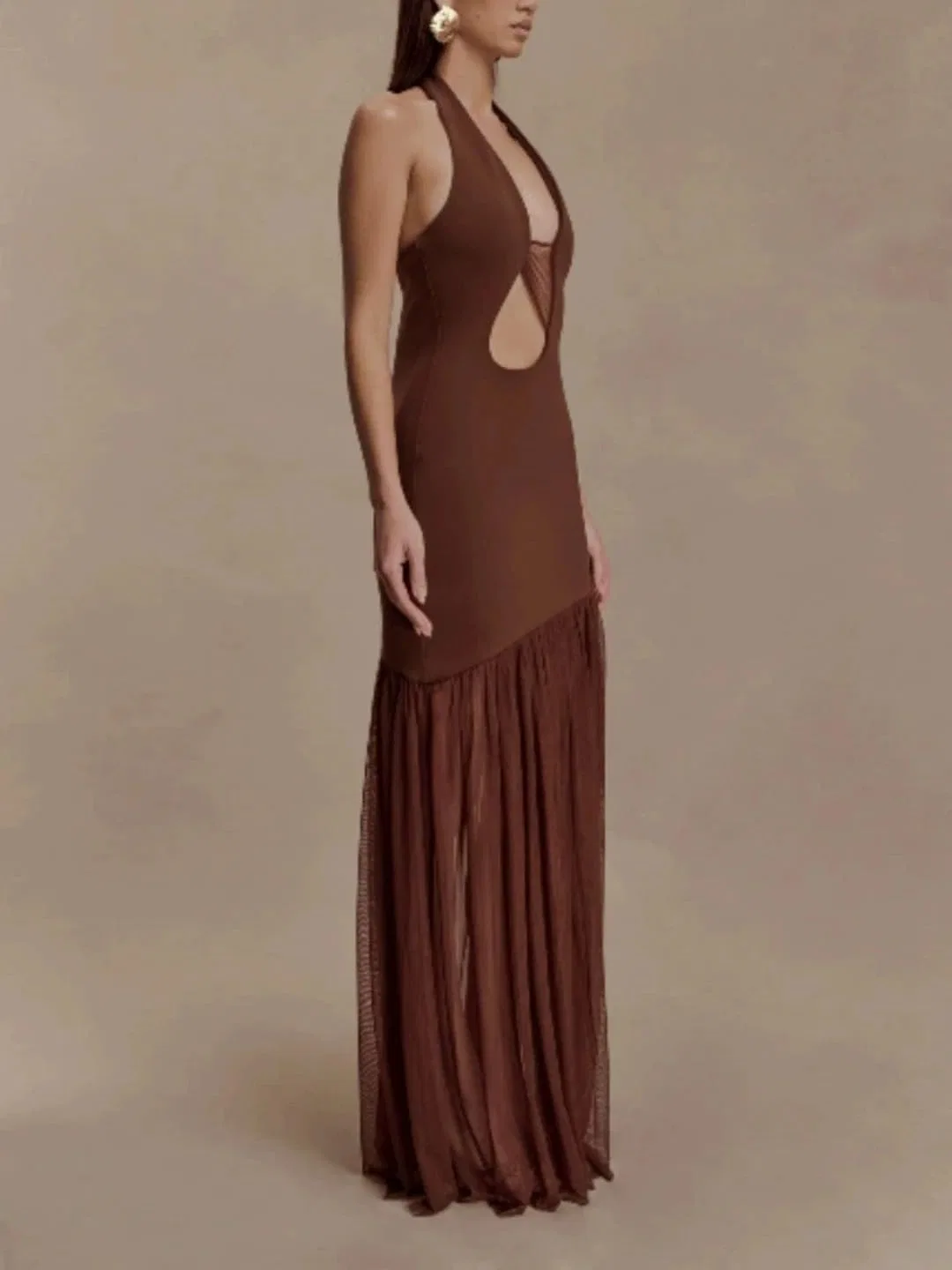 Женское платье с вставкой из сетки и плиссе, Sheath Silhouette, Dark Brown — фото 2