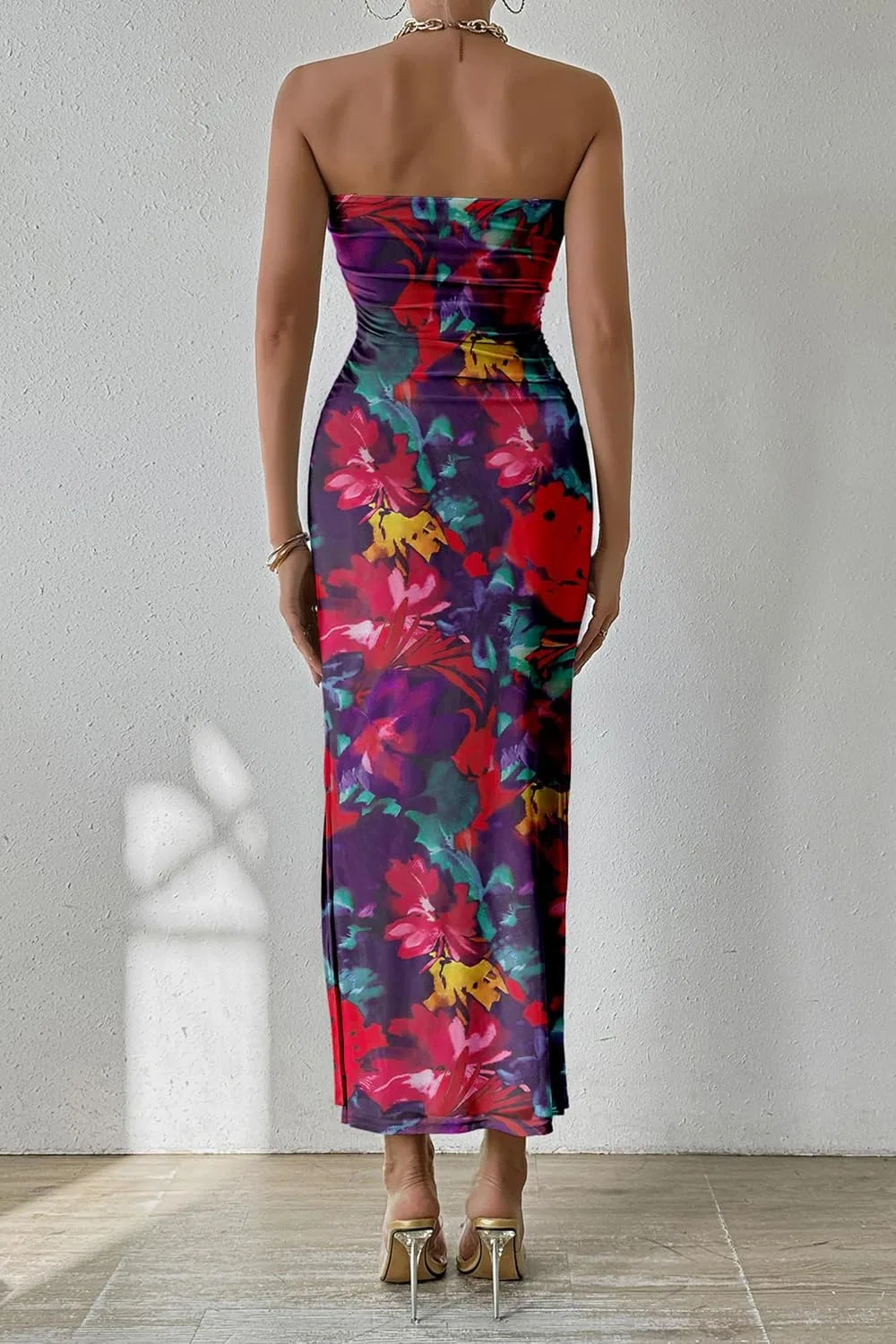 Женское летнее макси-платье bodycon с принтом Strapless Tube Top, Navy Red Big Floral — фото 2
