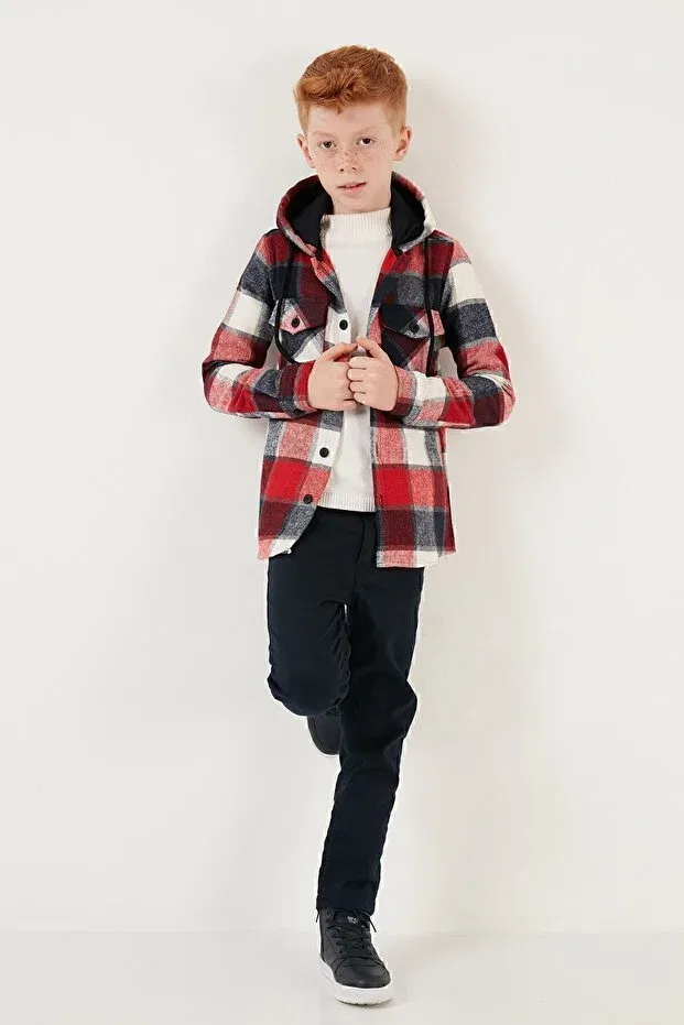 Детская рубашка с капюшоном с принтом Hooded double pocket plaid winter lumberjack shirt boy's shirt cf24w81778 Lela, Red — фото 2