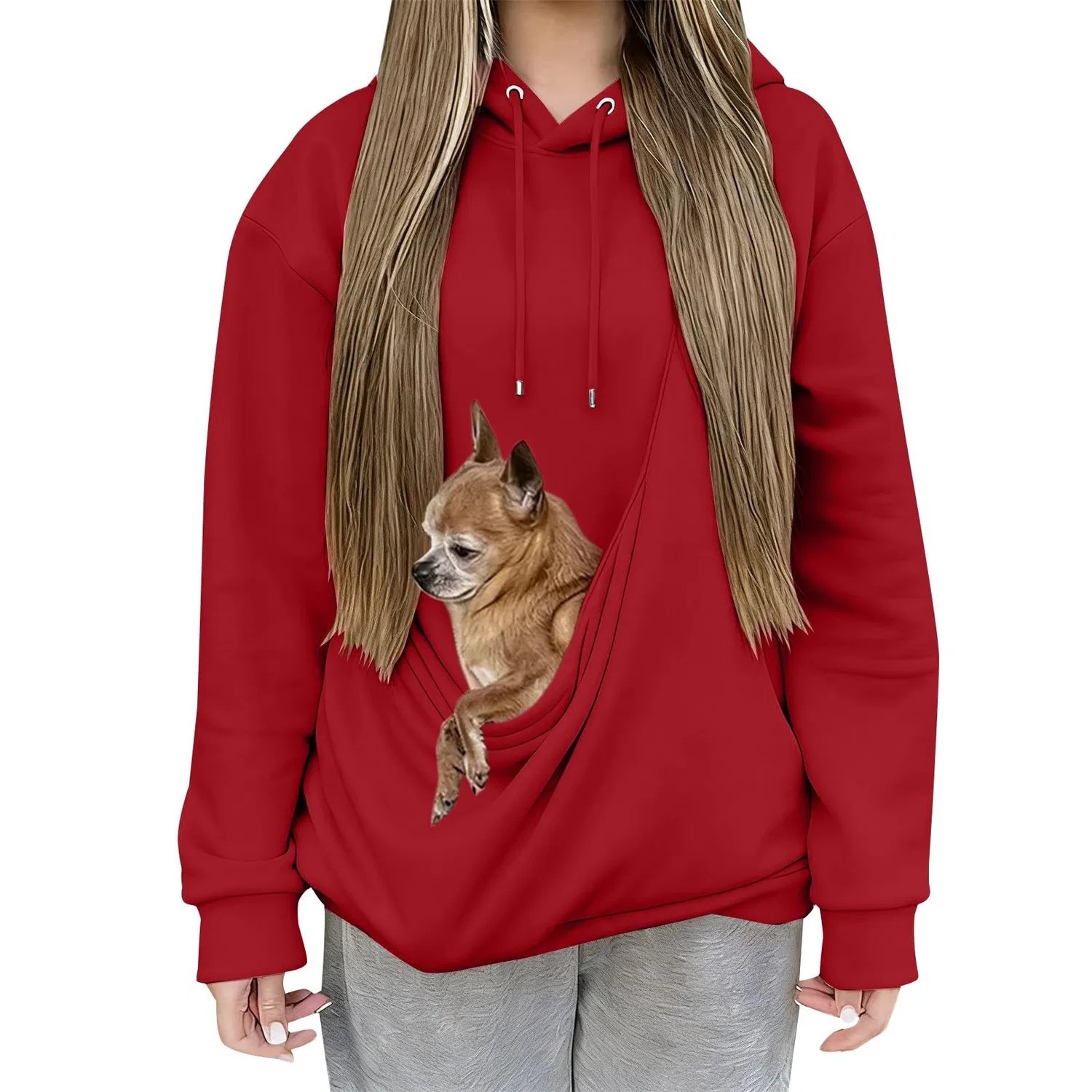 Женский худи с длинным рукавом и карманом-кенгуру Cat Hoodie, red — фото 2