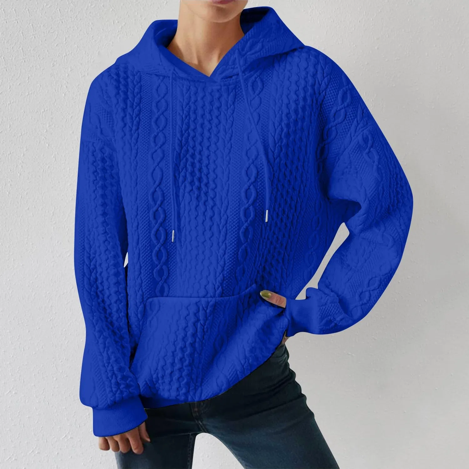 Женский худи оверсайз с капюшоном и карманом, хлопковый, vintage, Blu — фото 4