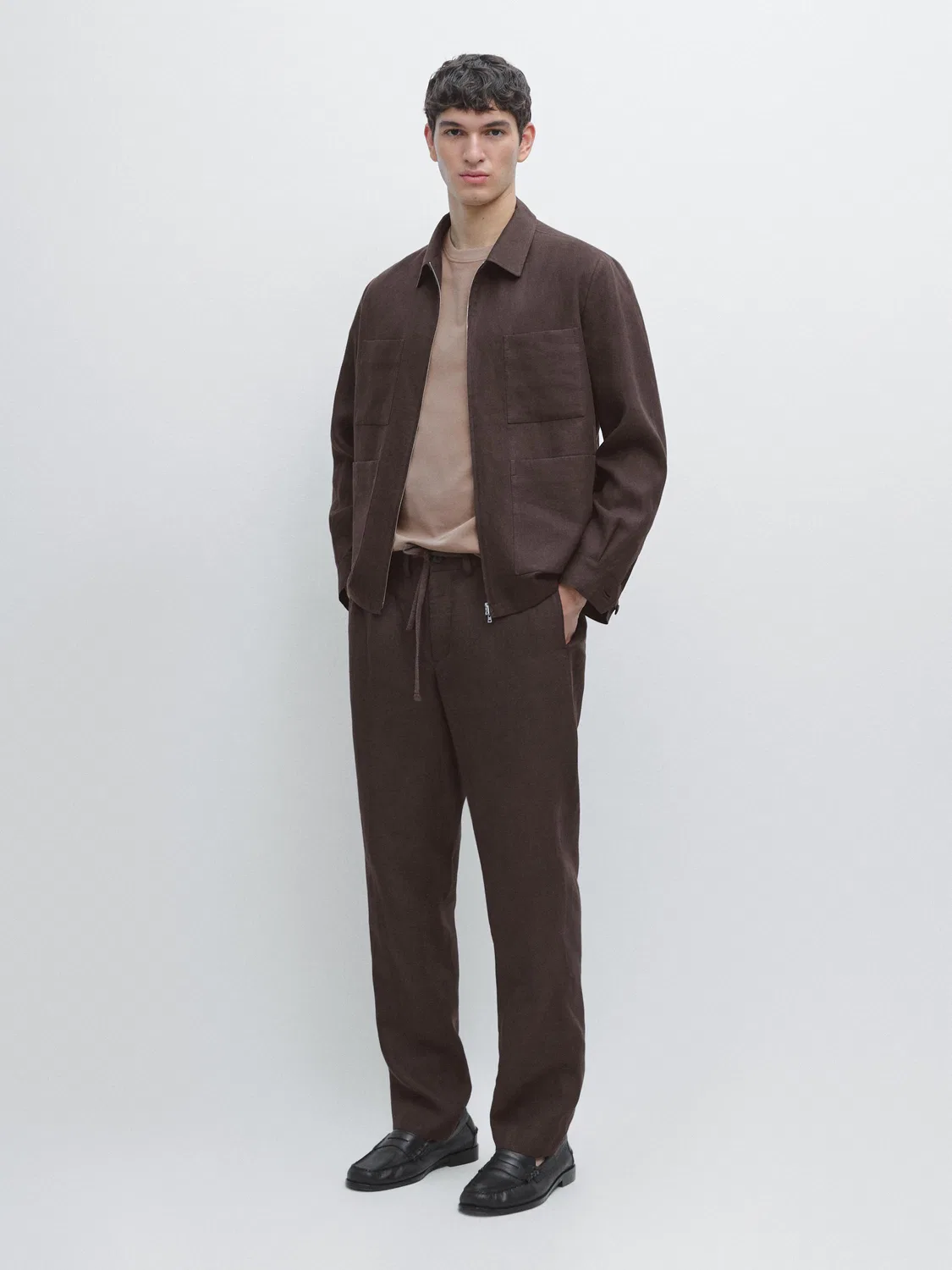 Льняная рубашка в стиле "Total Look" Massimo Dutti, шоколадный