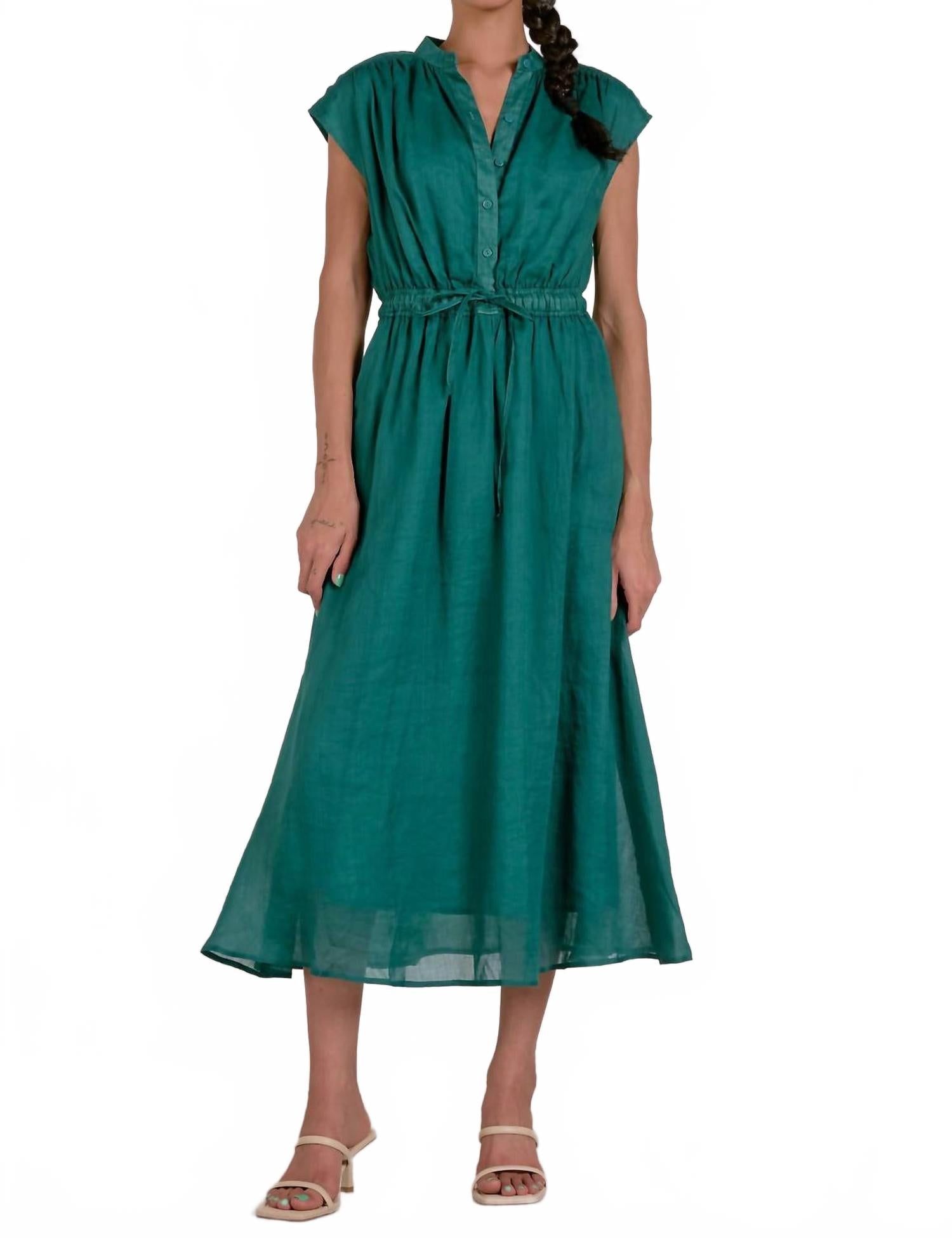 

Midi Short Sleeve Tie Waist Dress In Emerald ELAN