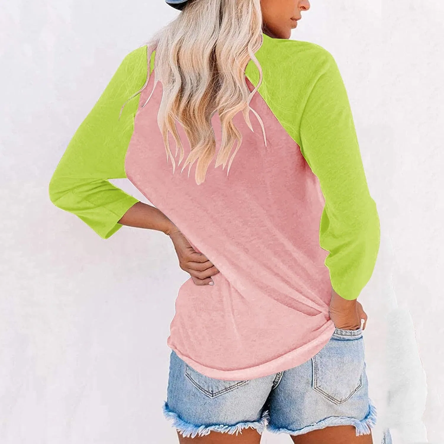 Женская футболка с рукавом 3/4 и цветовой блокировкой, Pink — фото 2