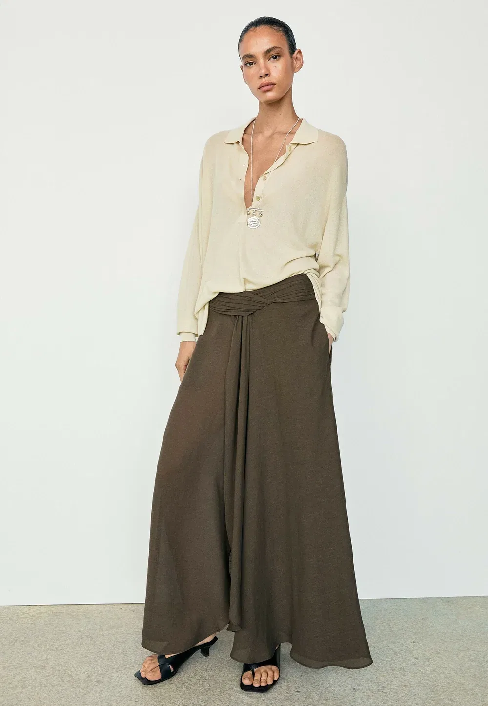 Полупрозрачная льняная юбка - юбка макси Massimo Dutti, Brown — фото 2