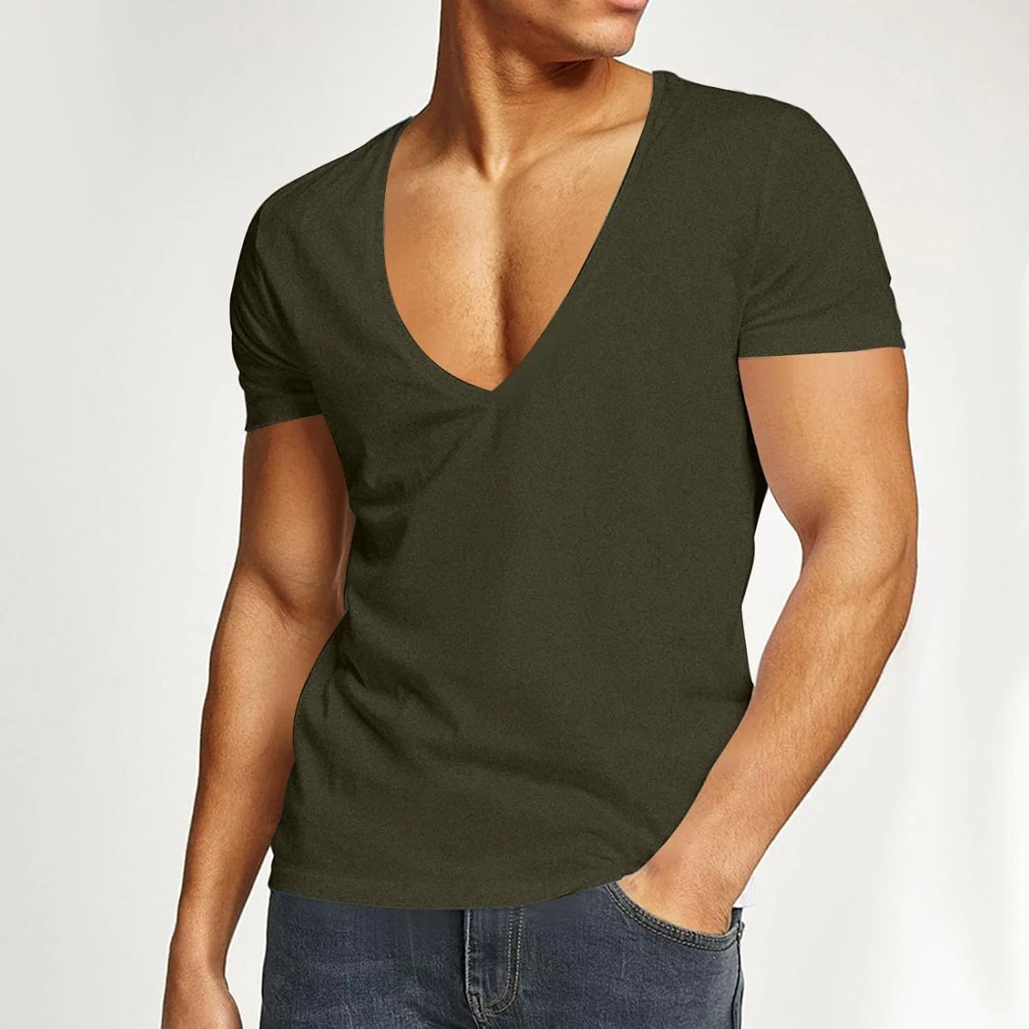 Мужская футболка с V-образным вырезом Cotton, Army Green — фото 2