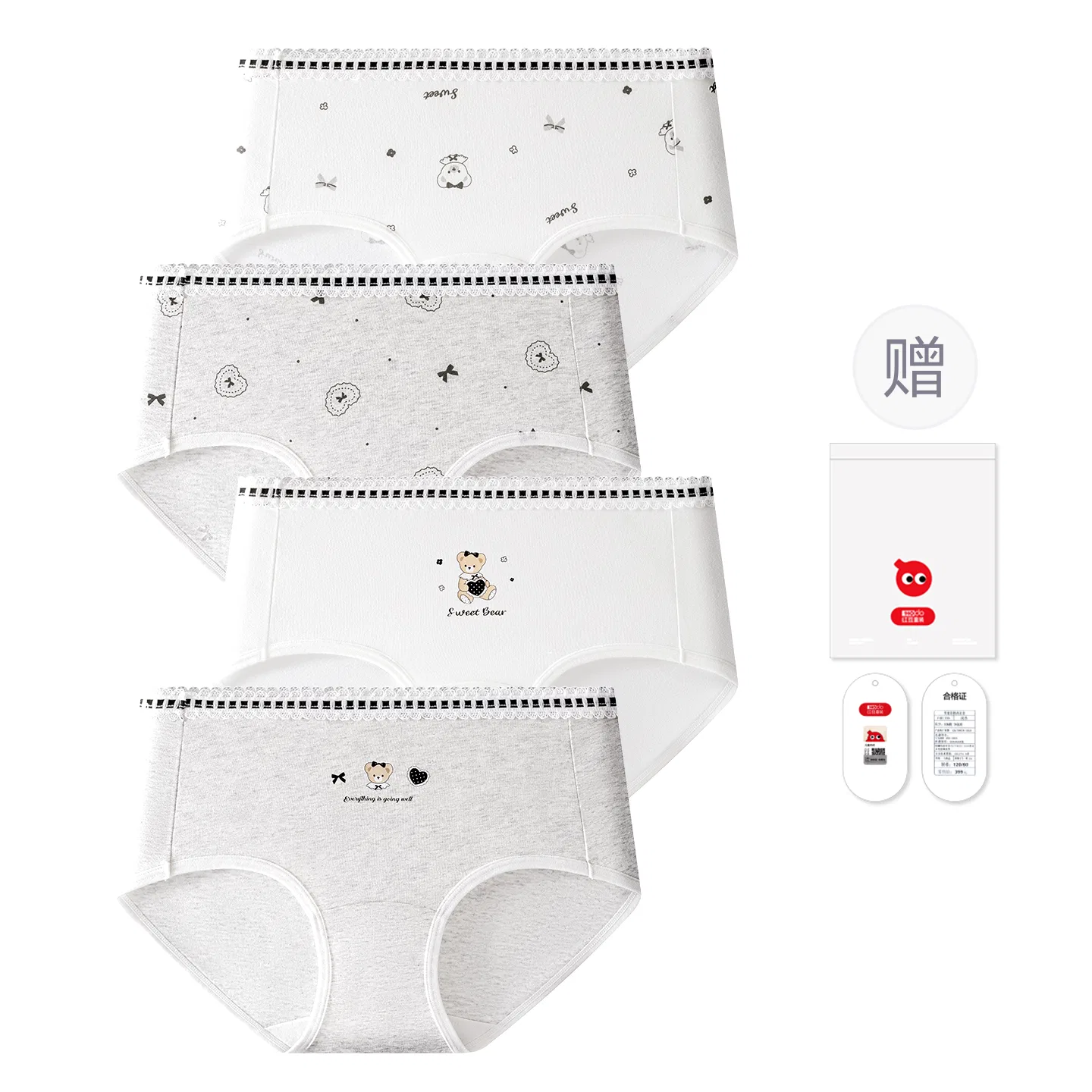 Детские трусы-шорты для девочек хлопковые с принтом Red bean, Light Gray Floral Big Heart + Light Gray Floral Heart Bear + Off-White Big Bear + Light Gray Floral Big Heart — фото 3