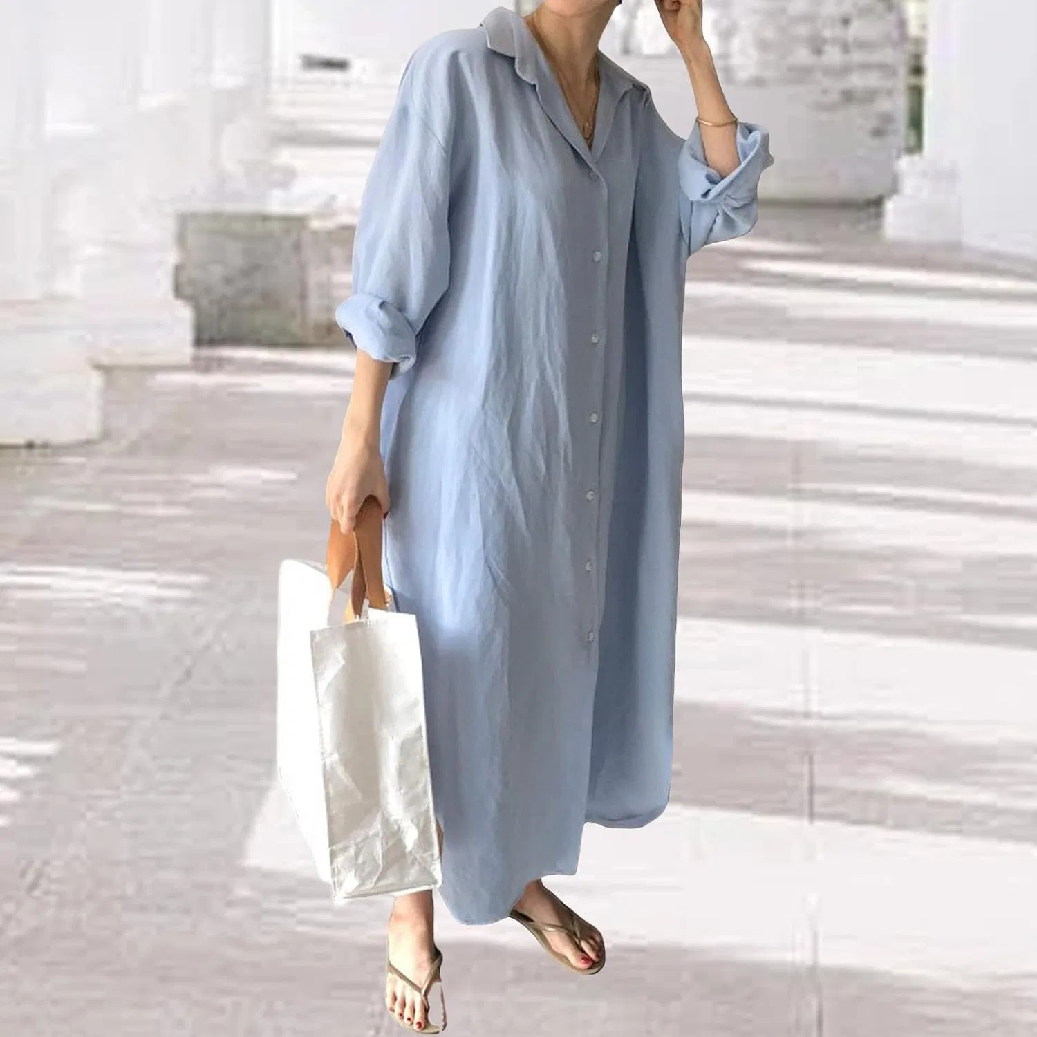 Женское платье-рубашка на пуговицах с закатанными рукавами Maxi, Blue — фото 2