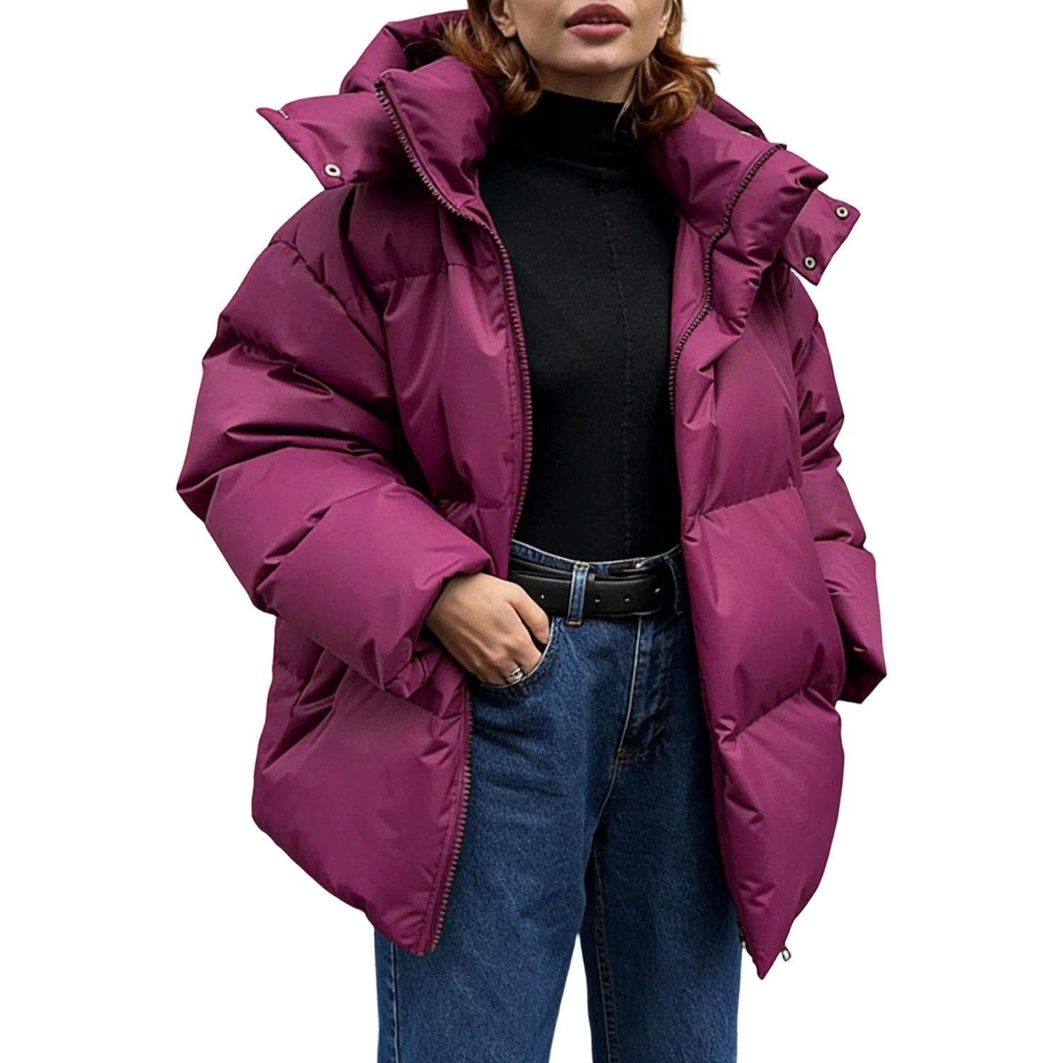 Женское короткое пальто с капюшоном и молнией, Viola rosso