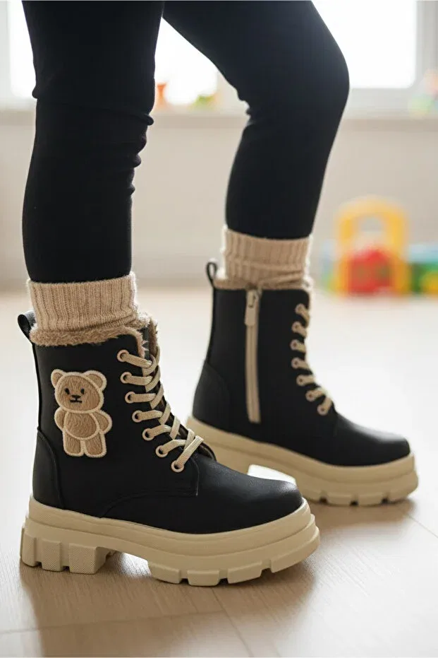 Детские ботинки для девочек с вышивкой Tofisa, Black Beige