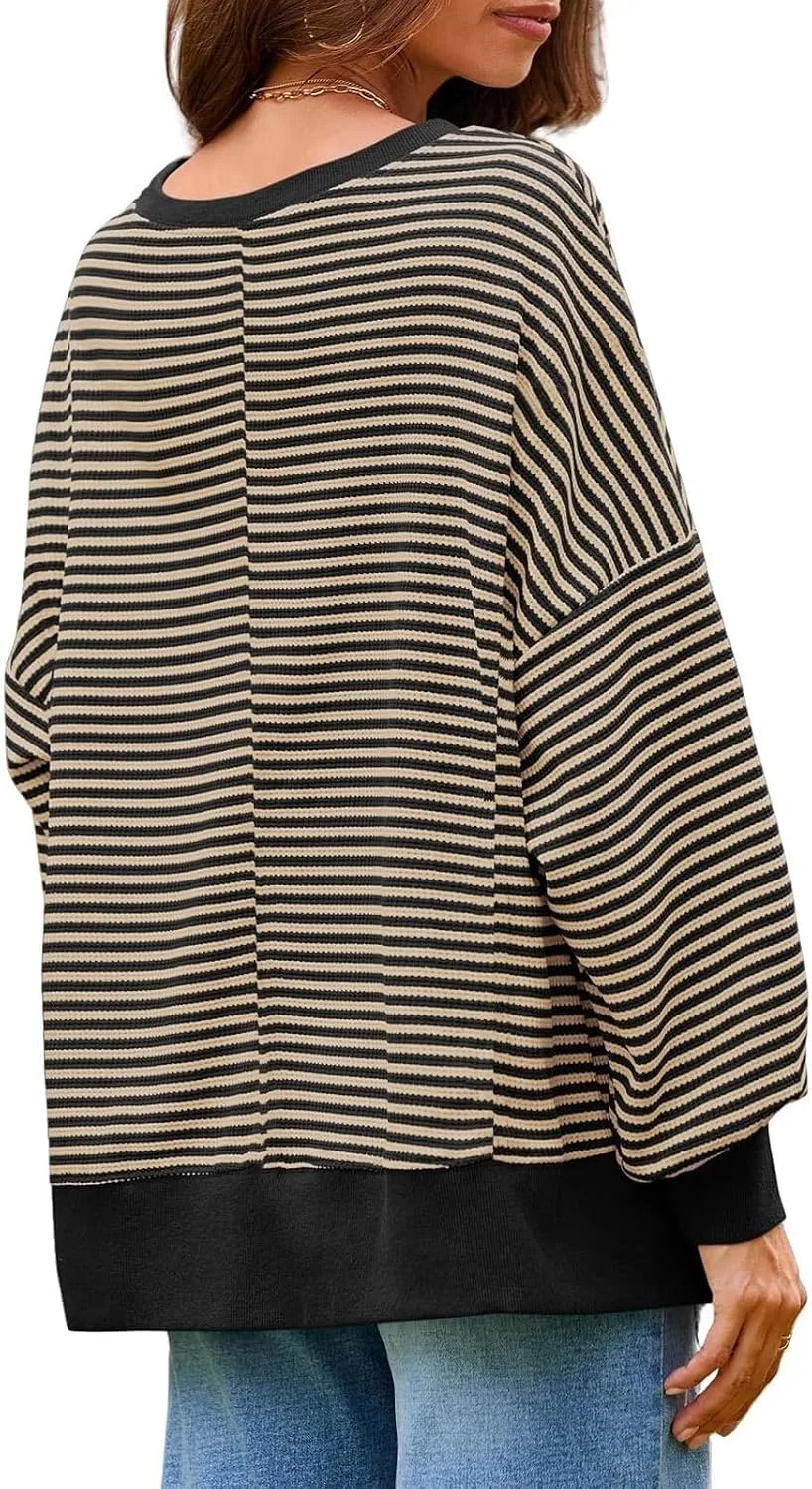 Женский свободный свитшот с длинным рукавом, Oversized Striped Sweatshirt, тёмно-серый — фото 3
