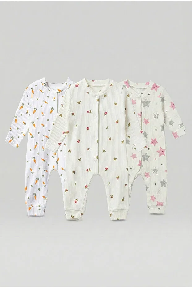 Детский комплект боди-комбинезонов из хлопка Ribbed Star Carrot and Floral Pattern Noone, 17 — фото 3