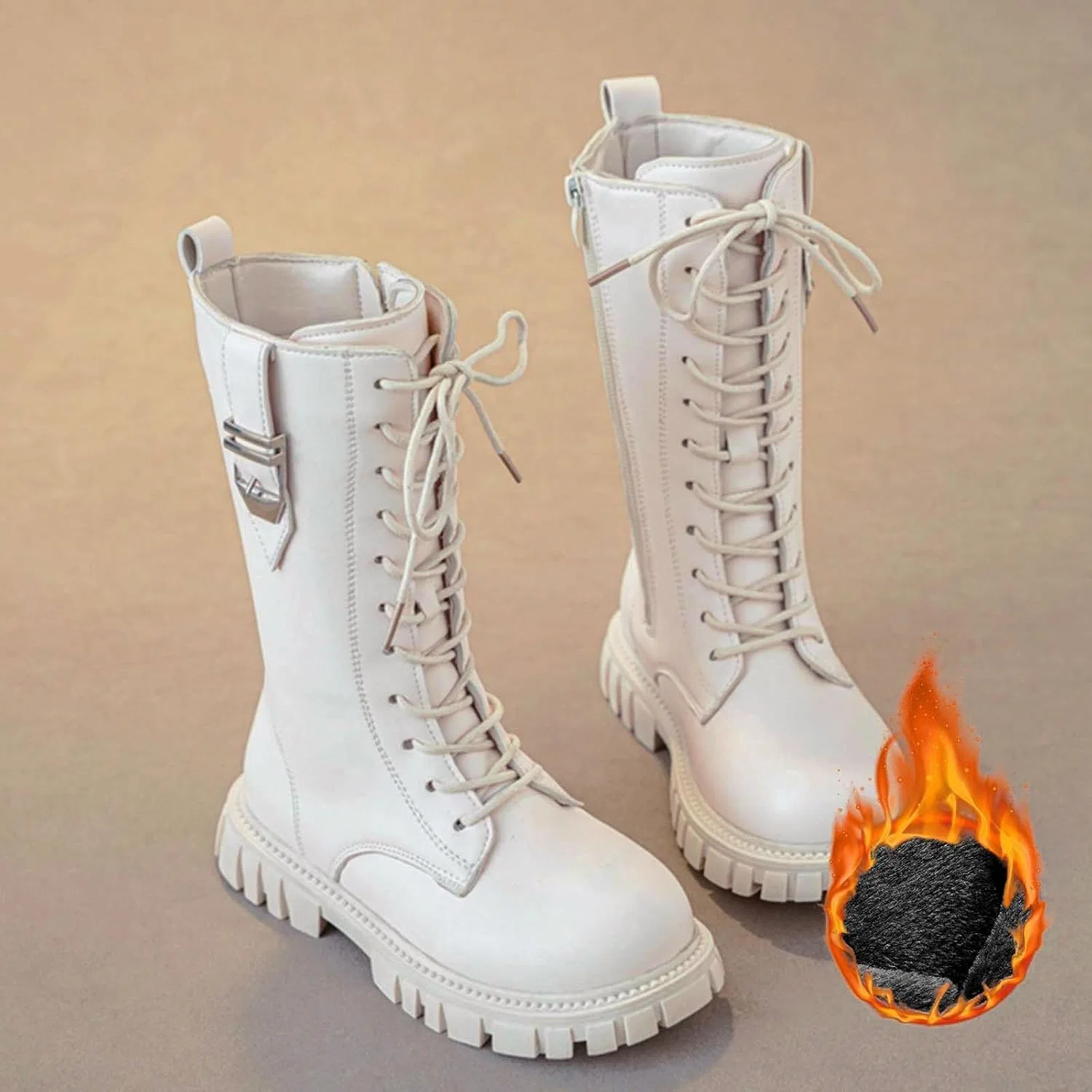 Детские ботинки для девочек на шнуровке с боковой молнией, модель Combat Boots, PU кожа, White — фото 4