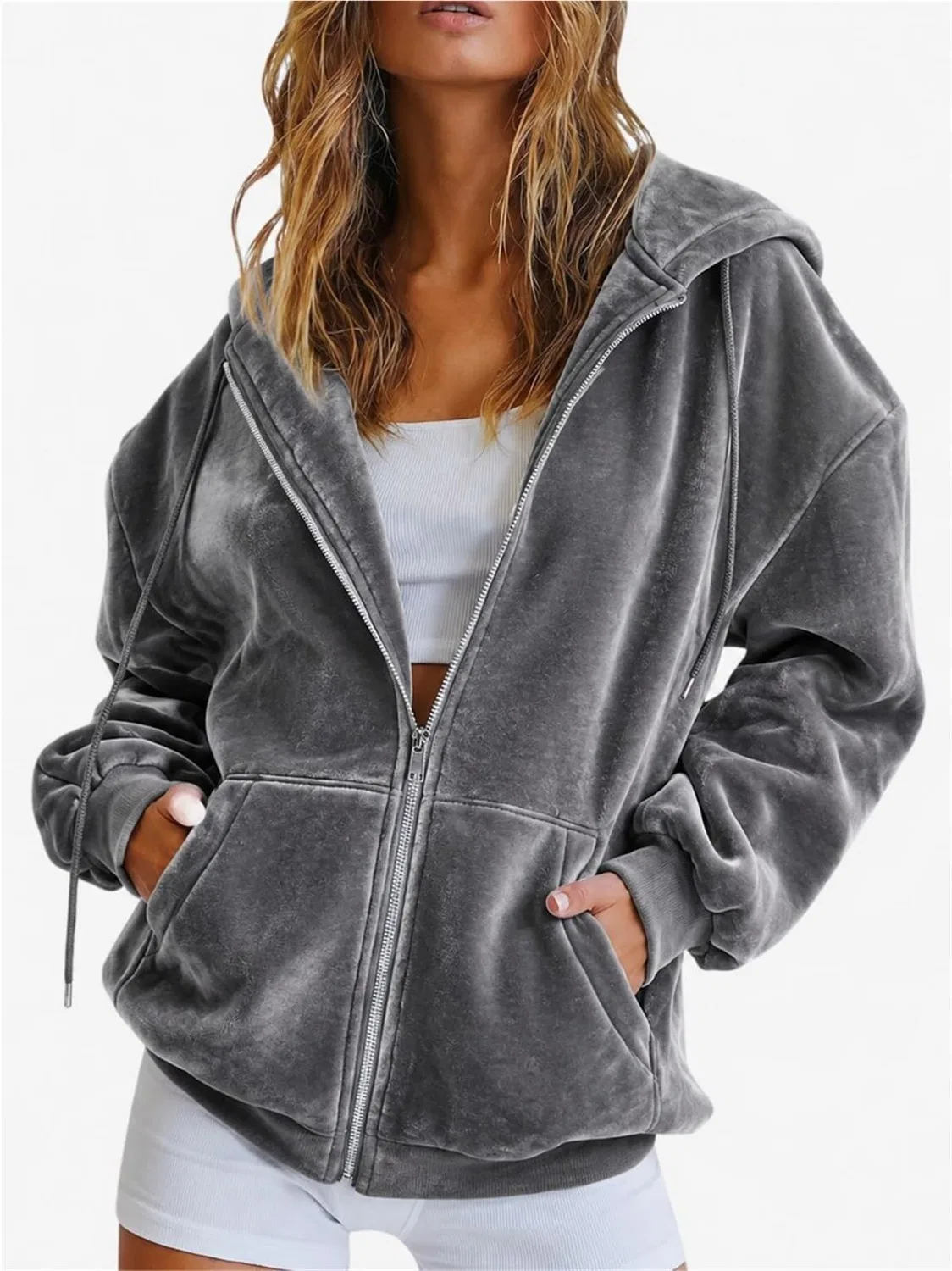 Женская куртка из флиса с капюшоном, свободного кроя, с длинным рукавом, Gray — фото 3