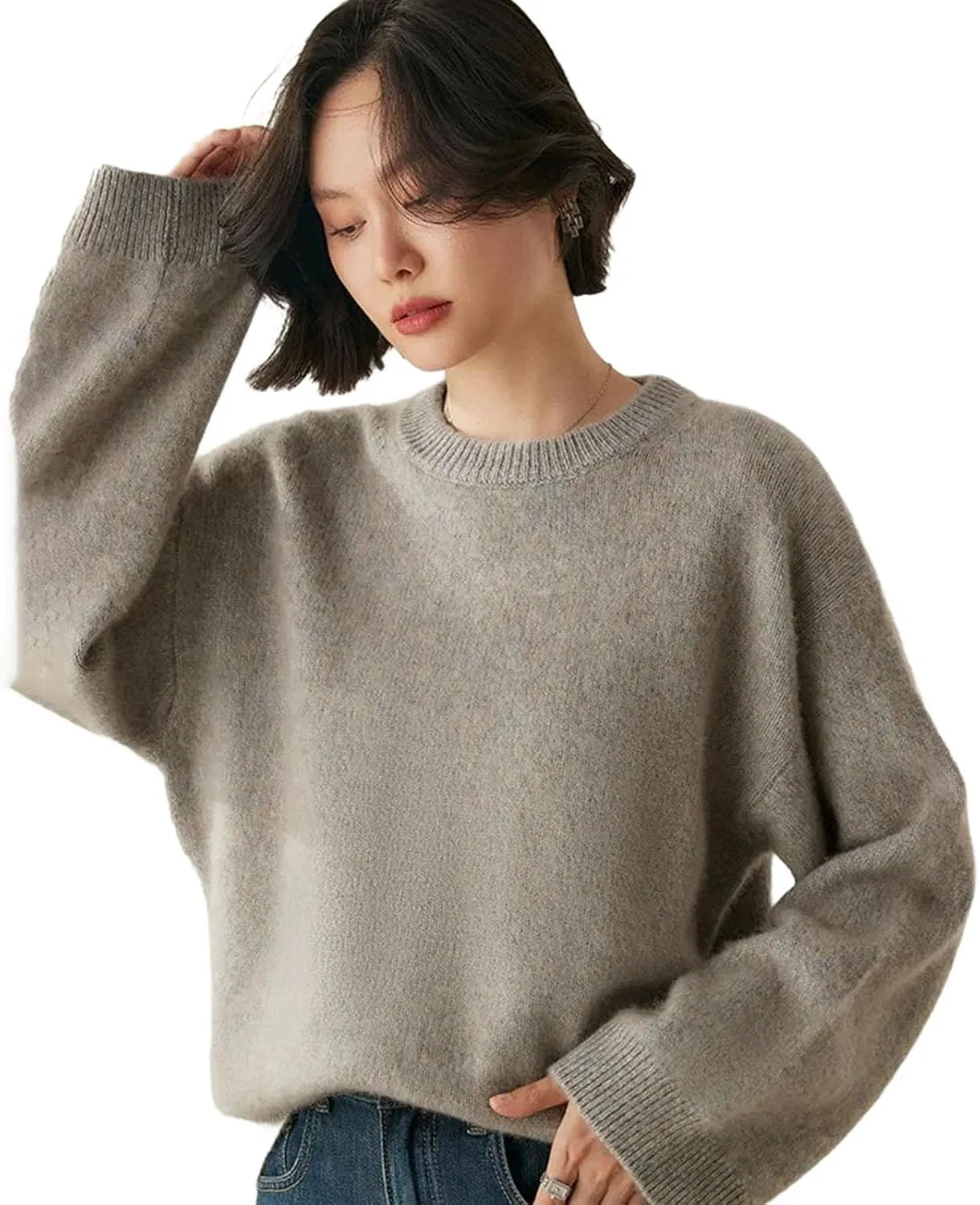 Женский пуловер с круглым вырезом, широким рукавом, Cashmere Sweater, Huashablue Gray