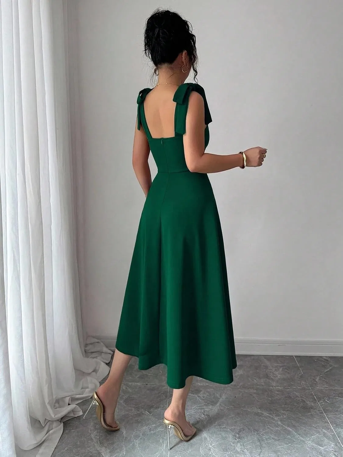 Женское повседневное миди-платье на бретелях с завязками на талии, Dark Green — фото 2