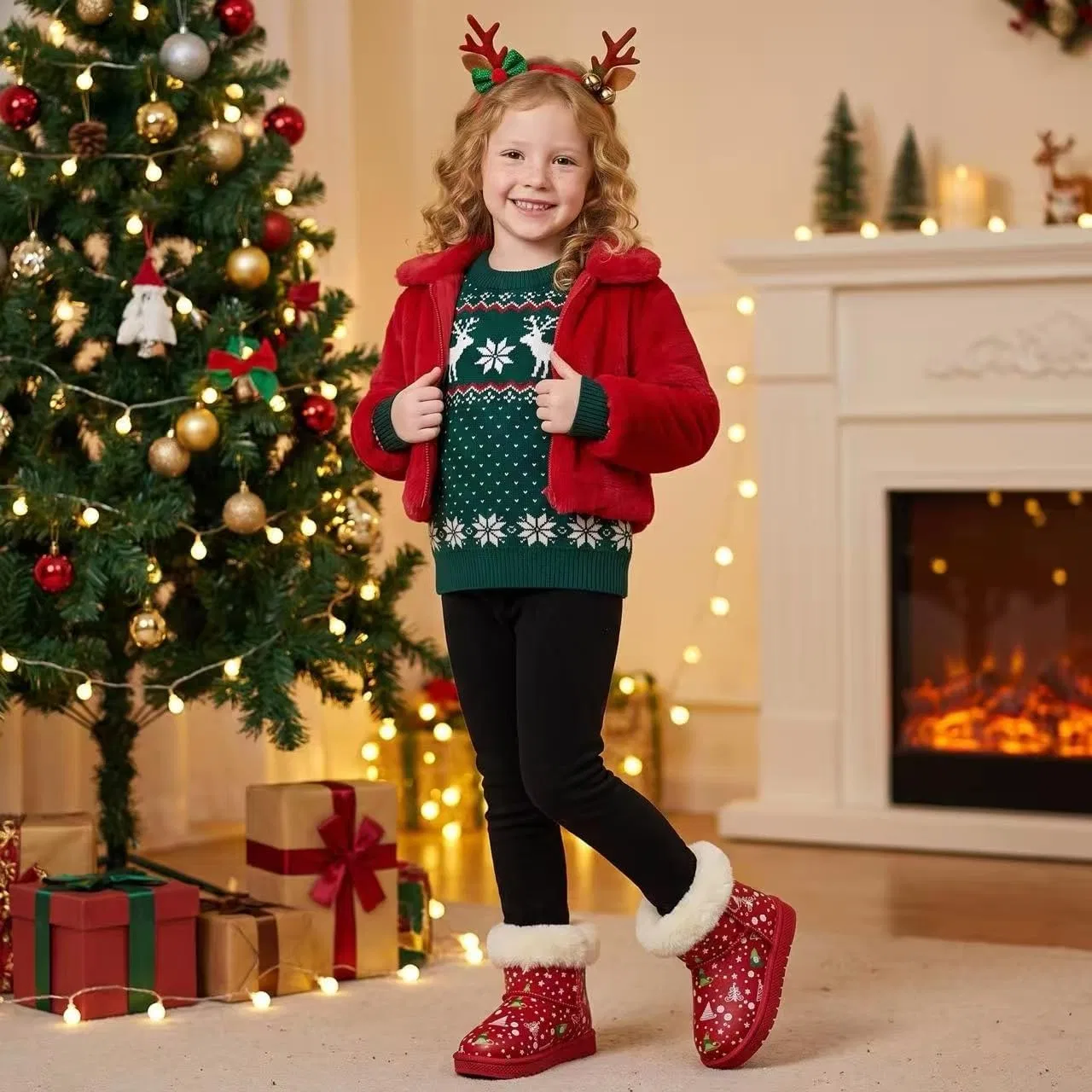 Детские сапоги для девочек с принтом Unicorn Christmas Winter Boot Sugmzox, Red Christmas — фото 3