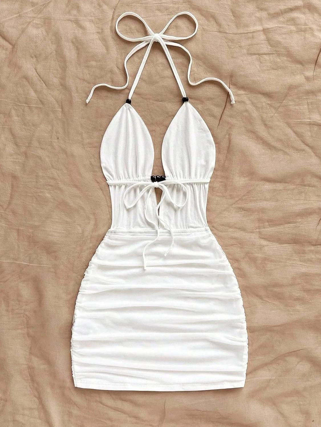 Женское мини-платье bodycon с V-образным вырезом и завязками, White — фото 3