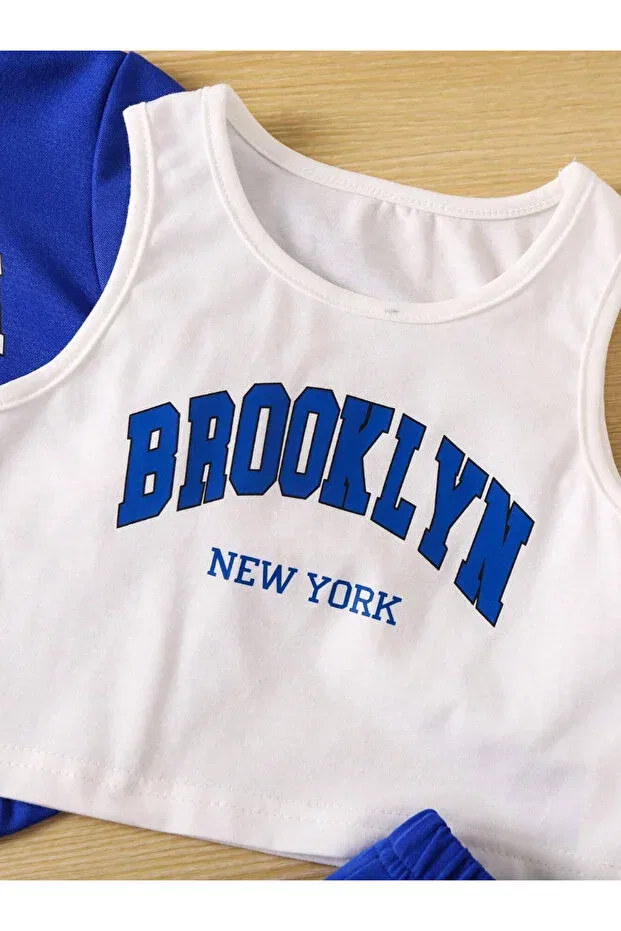 Детский спортивный комплект для девочек с принтом Brooklyn White Strappy Crop Tracksuit Set Novibe, Saks Blue — фото 3