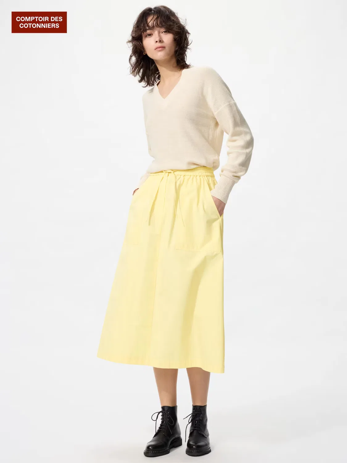 Юбка Uniqlo, длинная, хлопковая, кремовый